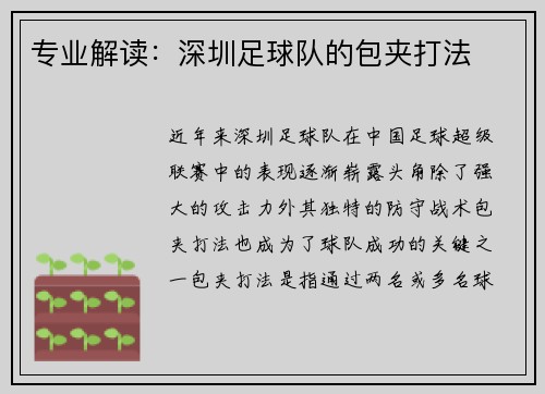 专业解读：深圳足球队的包夹打法