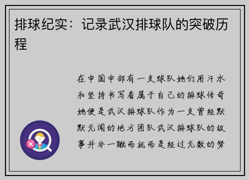 排球纪实：记录武汉排球队的突破历程